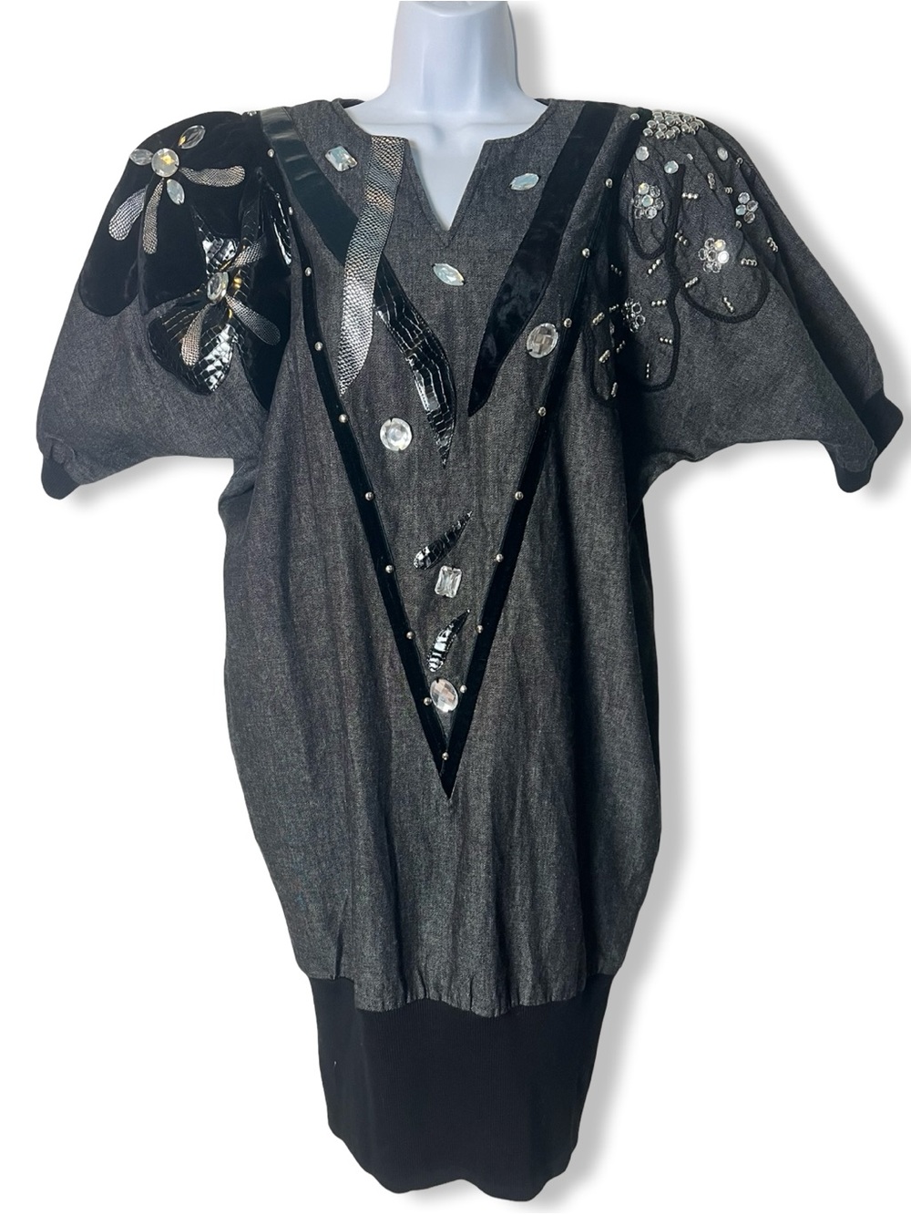 Vintage Maille‎ de France 80s French Embellished Tunic Dress Studs Gray Sz M